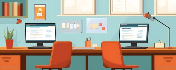 Poster - Modern workspace setup with two computers and vibrant decor.