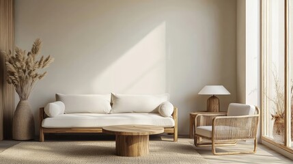 Poster - Natural light-filled modern living room with wooden furniture, beige tones, and boho decor, ideal for interior design showcases, home inspiration, or real estate marketing