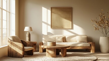 Poster - Cozy sunlit living room with raw wood furniture, textured rug, and minimalist decor, perfect for interior design inspiration, real estate listings, or lifestyle content