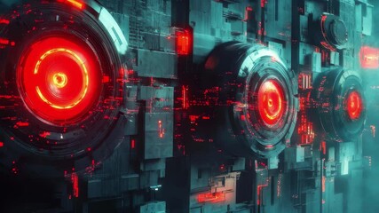 Poster - Intricate abstract design featuring glowing red circles against a dark, futuristic wall