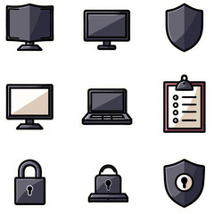 Poster - Set of digital security icons including computers, locks, and shield symbols for cybersecurity
