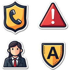 Poster - Set of four warning and security icons including phone protection alert and professional woman