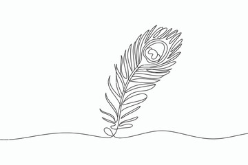 Poster - Elegant single line drawing of a peacock feather with a wavy line base