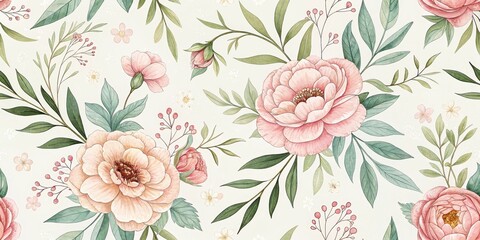  Watercolor Floral Seamless Pattern Peach Roses and Greenery, Botanical Illustration, Romantic Design Floral Pattern, Watercolor Painting