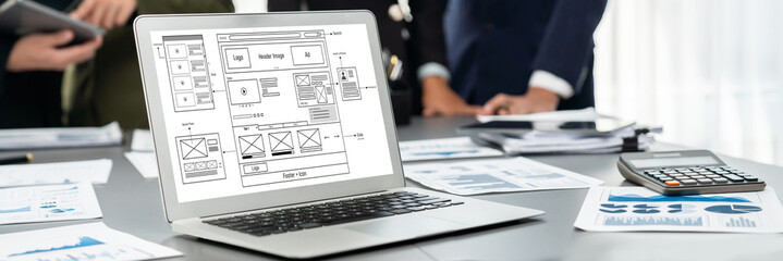 Poster - panorama shot analyst team utilizing bi fintech to analyze financial report with laptop. businesspeo