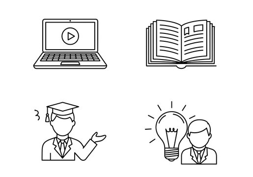 Outline icons depicting laptop, open book, graduate, and person with a bright idea represented by bulb