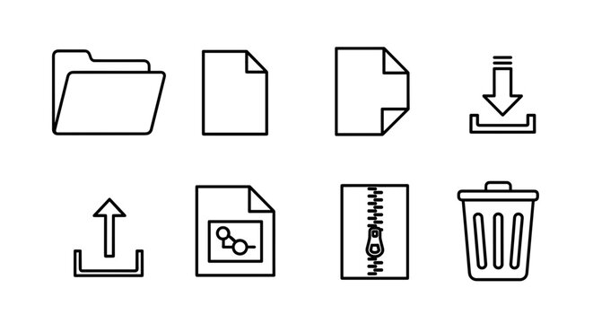 Collection of eight distinct outline icons depicting file management and utilities features