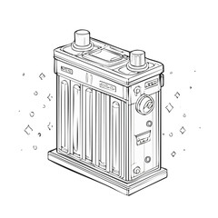 Poster - Detailed Line Art Illustration of a Steampunk Battery Power Source with Intricate Dial and Control Elements Set on Black Background