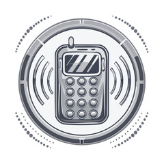 Poster - Vintage Mobile Phone Communicating with Signal Waves inside Circular Frame with Dotted Line