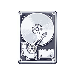 Poster - Hard Drive Disk Open Illustration with Gray Scale Detail Computer Storage Technology