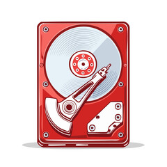 Poster - Stylized illustration of a hard disk drive in red and white showcasing data storage and computer hardware