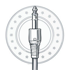 Poster - Audio connector illustration featuring a metallic jack plug encircled by a star adorned badge promoting sound connectivity solutions and digital electronics