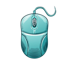 Poster - Stylized Computer Mouse Illustration Digital Interface Tool Connection Device Artwork Teal Blue Color Isolated on Black Background