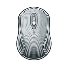 Poster - Vector illustration of a computer mouse with vintage engraving style showing computing hardware input device on a black background