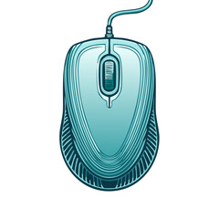 Poster - Computer mouse device in blue vector illustration on black background for creative design or technology element, scroll wheel for accurate cursor movement