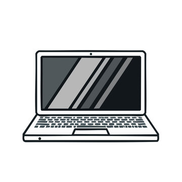 Doodle illustration of a white laptop computer, isolated on black background, technology concept