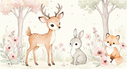 Naklejka na meble Woodland animals including deer, rabbit, and fox surrounded by flowers  