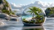 © Neuraldesign - Huge transparent glass ball on the shore of an island in the ocean. Inside the ball is a tropical paradise with palm trees and warm beaches, offering surreal escape from the hustle and bustle of life.