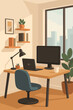 © jasmine - Modern home office workspace interior. Minimalist desk with computer monitor, laptop, lamp, coffee mug, bookshelves, potted plants, window city view. Cozy productivity concept illustration