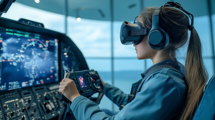 Female pilot in virtual reality goggles flying an airplane, with colorful training displays on the screen. A girl using a VR headset for a mock flight.
