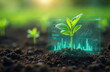 © Pete - Green plant sprouting from soil with real-time holographic growth monitoring interface, high tech farming. Advanced agriculture tech for environmental protection. Modern digital farming, sustainable