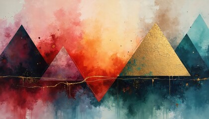 Poster - Abstract artwork features bold colors geometric shapes metallic accents. Modern design with gold and blue hues red black, creates contrast. Dynamic artistic expression for wall art decor.