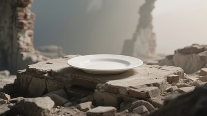 Poster - A solitary white plate rests on rugged stone debris, surrounded by crumbling walls of a forgotten place. Soft light enhances the stillness and evokes a sense of abandonment and loss