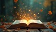 © Pete - Open book with glowing sparks, autumn leaves on wood table. Story tale magic, fantasy, knowledge, wisdom, imagination, education concept. Mystical mood with blur bokeh light.