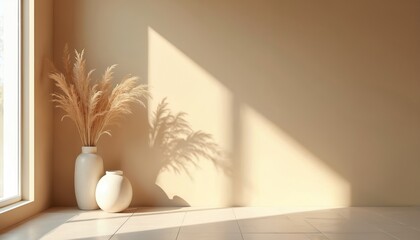 Aufkleber - Minimalist interior design illustration. Empty room with beige walls white vases, dried grass. Sunlight casts shadow on wall, floor. Modern, aesthetic, clean home decor. Concept of calm, serenity,