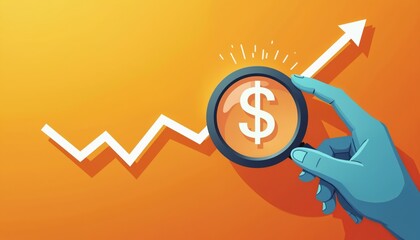 Poster - Hand holding magnifying glass focuses dollar symbol with rising white line graph on orange background. High returns in money management, financial growth, investment concept.