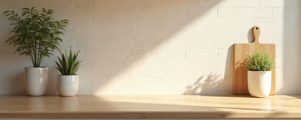 Aufkleber - Minimalist kitchen interior with light wood tabletop, stone textured wall and plants. Warm tones, sunlight, cutting board. Design represents spring, summer. Display for product, food.