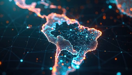Poster - Digital map South America global network connection. Blue, orange glowing lights, connected dots, lines illustrate cyberspace, communication, business, tech. Illustration tech, connectivity, digital