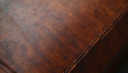 Aufkleber - Close-up of brown leather texture. Natural grain with stitched details. Rustic vintage aesthetic. Elegant surface for product design, backgrounds, interiors, fashion.