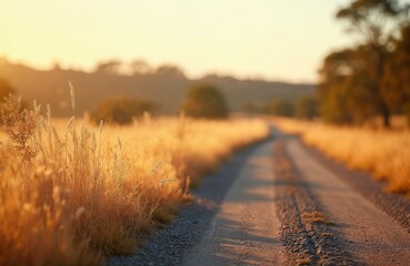 Wall Mural - Country road in Australian bush land, golden tones. Dry grass beside road, natural scene. Warm sunlight, rural background with copy space for text, design, advertising, nature, travel, vacation