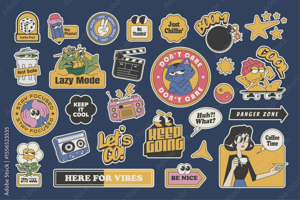 a set of retro cartoon stickers with vintage-style artwork, expressive ...
