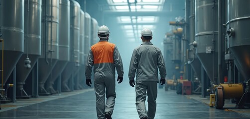 Aufkleber - Two workers in protective gear walk through nuclear plant. Industrial engineers in helmets, safety uniforms inspect, control, maintain the nuclear facility. Power generation plant technology, safety.