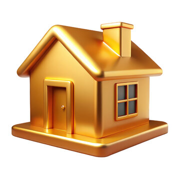 Golden house with shiny metallic surface isolated on transparent background