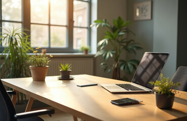 Aufkleber - Modern office workspace, desk with laptop, smartphone, plants. Business IT company background. Empty workplace, copy space. Technology, remote work, startup concept, online meeting.