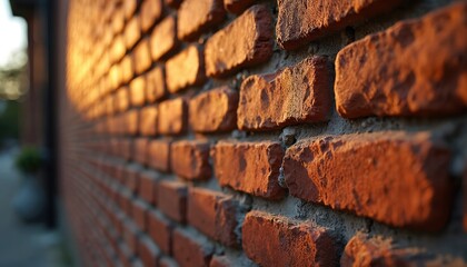 Aufkleber - Low angle shot rough textured brick wall. Dramatic perspective. Red bricks weathered, aged, with mortar. Urban exterior building structure with focus on surface pattern.