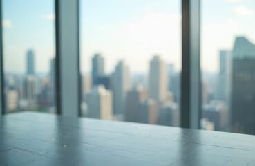 Aufkleber - Blurred city skyline view through office window. Contemporary office space, business interior with empty desk. Metropolitan buildings in background, modern urban architecture, copy space.