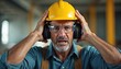 © Pete - Construction worker in hard hat safety goggles struggles with loud noise at job site. Man wearing hearing protection earmuffs, safety glasses looks frustrated from excessive noise. Noise-canceling