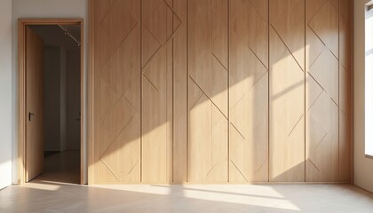 Aufkleber - Contemporary interior features partition wall, modular wooden panels arranged geometric pattern, light wood finish. Modern home entrance with wooden door. Light, shadow create interesting