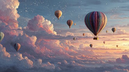 Poster - Hot air balloons rise above pink fluffy clouds at dusk against starry sky in a fantasy landscape