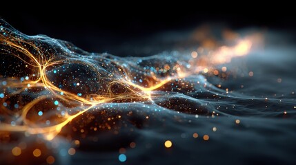 Poster - Abstract network of interconnected glowing lines and dots resembling data streams and neural pathways in dark space