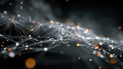 Poster - Abstract network of interconnected glowing lines and dots resembling data streams and neural pathways in dark space