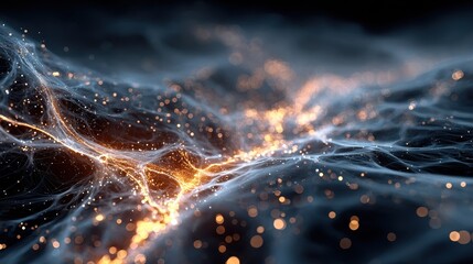 Poster - Abstract network of interconnected glowing lines and dots resembling data streams and neural pathways in dark space