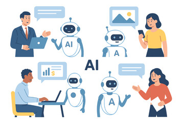Poster - Concept of AI technology, featuring a set of people and  robots interacting, with humans utilizing text and image chatbots for business assistance, presented as a flat graphic vector