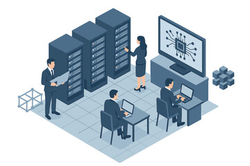 Poster - Concept illustration of isometric 3D business environment featuring professionals working in a server room with technology and big data computing