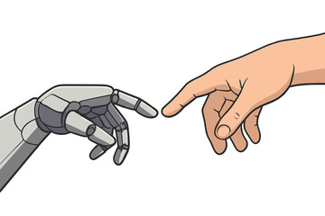 Poster - A depiction of a robotic and human hand touching, with a cyborg finger nearing a human finger, symbolizing the bond between humans and technology, representing science and future advancements in a