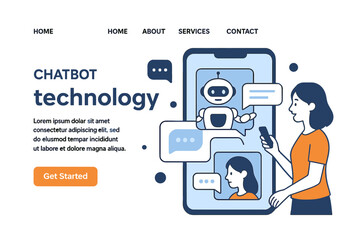 Poster - Concept for website template or landing homepage featuring chatbot technology communication with smartphone and robot